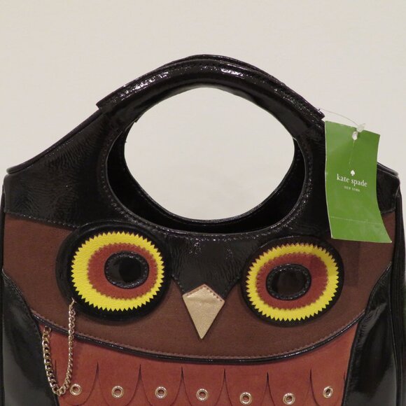 Women Handheld Brown Owl Patent Leather Suede Purse Bag Kate Spade Maximillian - Picture 2 of 16